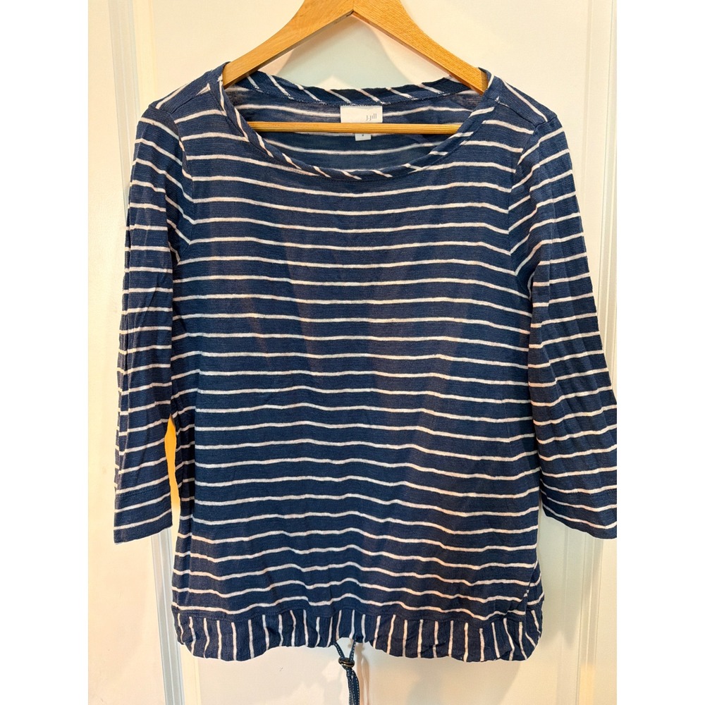 J. Jill Blue White Striped Linen Cotton Drawstring Hem Top 3/4 Sleeve Medium